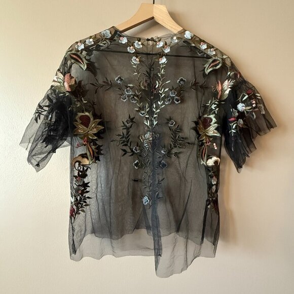 Women's XS Zara Black Sheer Mesh Embroidered Flutter Sleeve - Picture 3 of 7